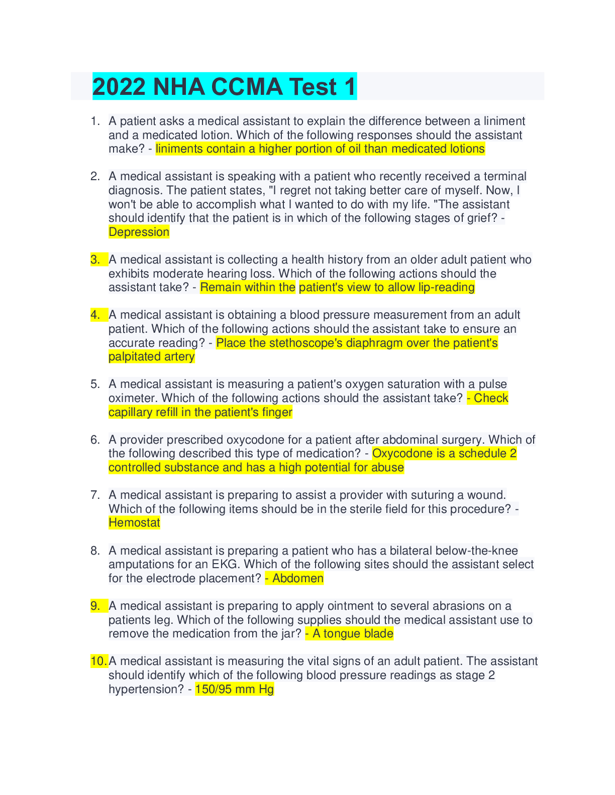 Preview of (Answered) 2022 NHA CCMA Test 1